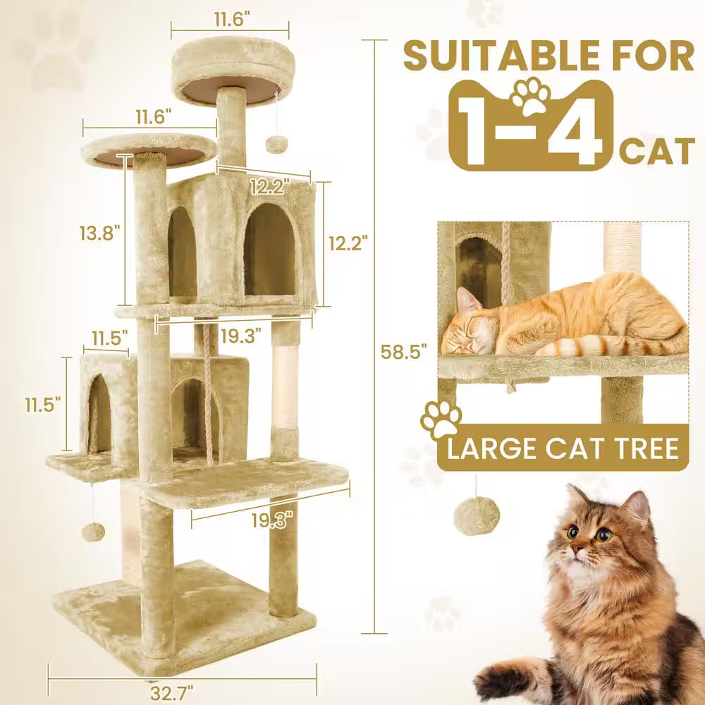Beige Modern Cat Tree Pet Tower with Scraching Ramp, Hanging Ball