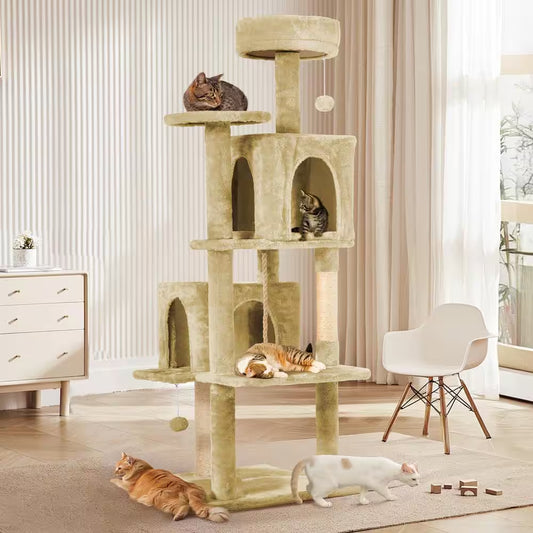 Beige Modern Cat Tree Pet Tower with Scraching Ramp, Hanging Ball