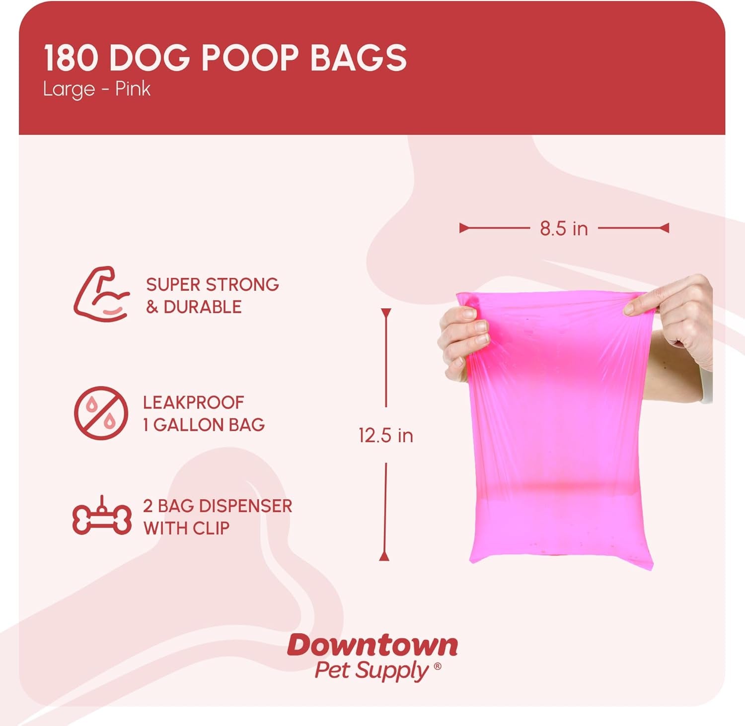 Poop Bags for Dogs with Dispenser, 180 Count - Leak-Proof Dog Waste Bags and Bone-Shaped Dog Poop Bags Holder for Leash - Pink, 12.5" X 8.5"