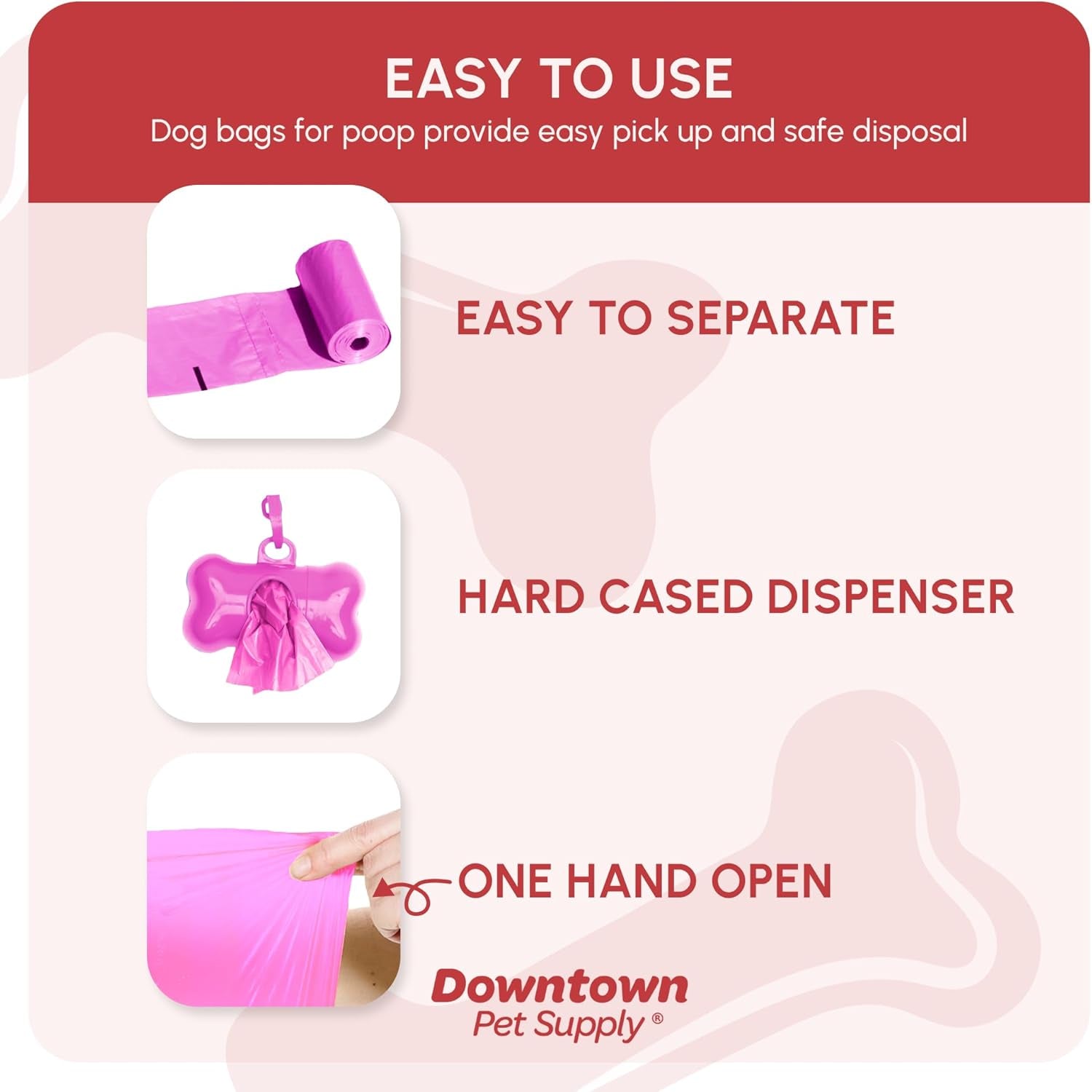 Poop Bags for Dogs with Dispenser, 180 Count - Leak-Proof Dog Waste Bags and Bone-Shaped Dog Poop Bags Holder for Leash - Pink, 12.5" X 8.5"