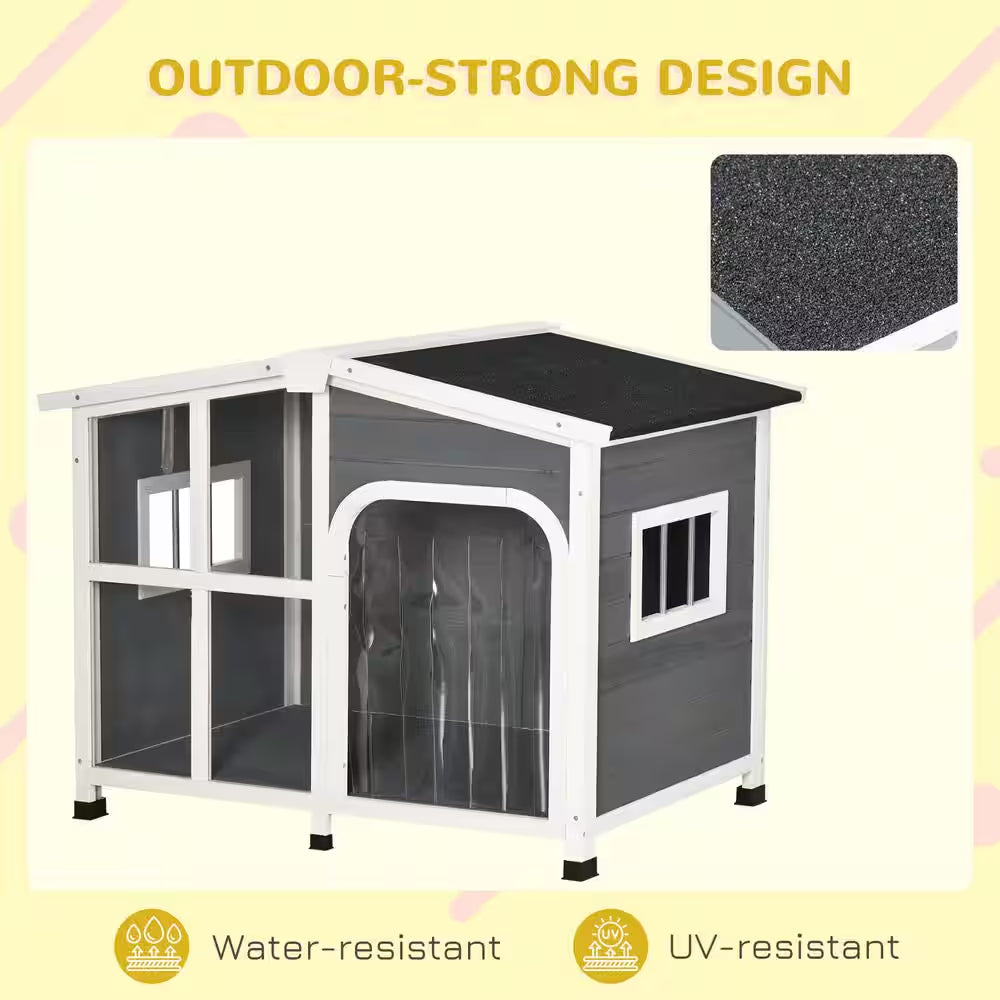 Cabin-Style Wooden Dog House for Large Dogs outside with Openable Roof & Giant Window, Gray