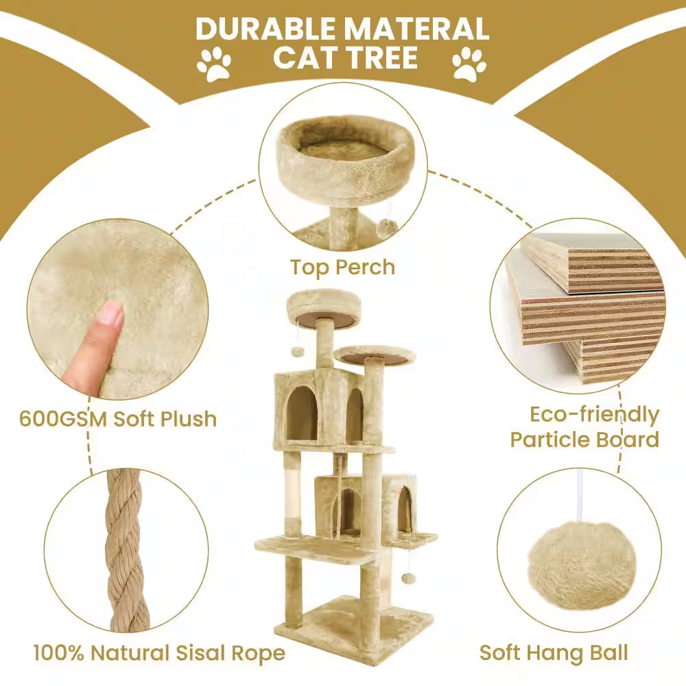 Beige Modern Cat Tree Pet Tower with Scraching Ramp, Hanging Ball