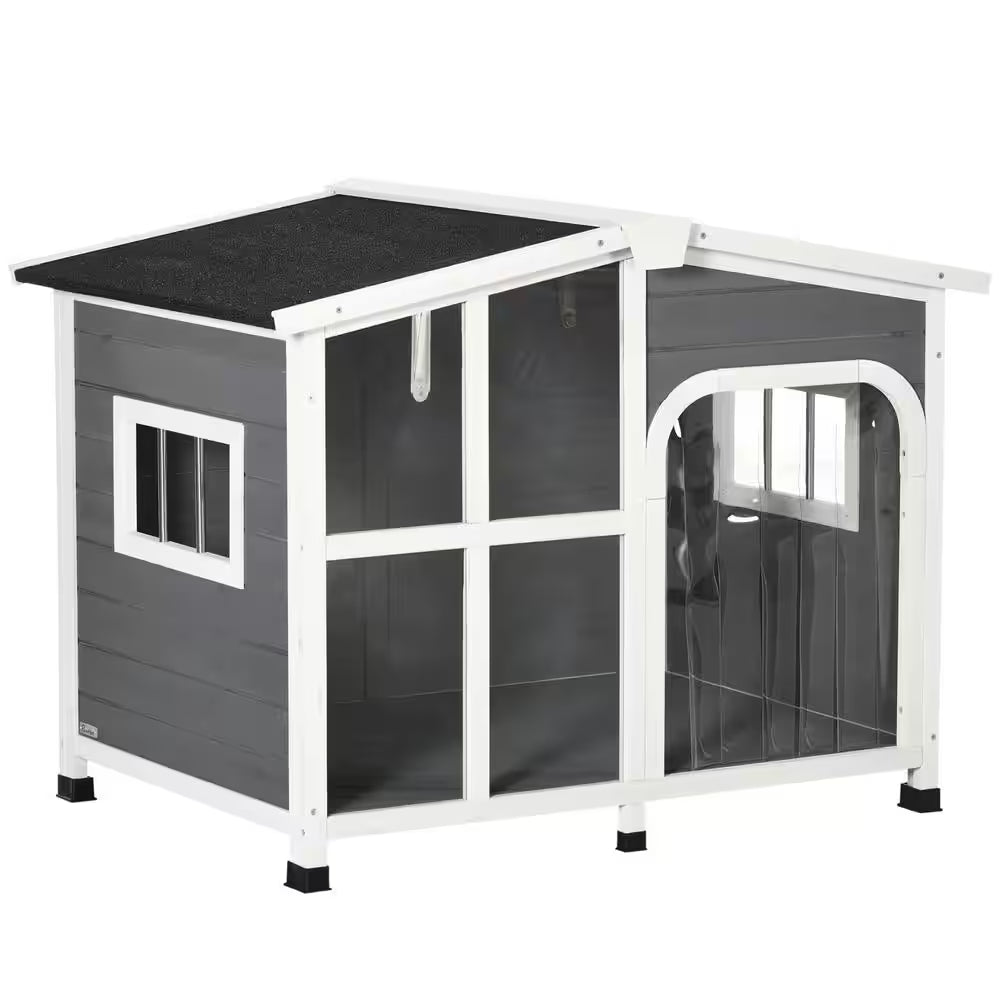 Cabin-Style Wooden Dog House for Large Dogs outside with Openable Roof & Giant Window, Gray