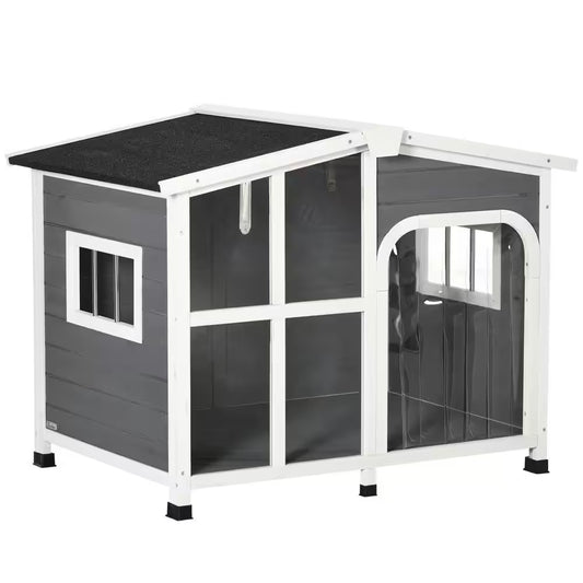 Cabin-Style Wooden Dog House for Large Dogs outside with Openable Roof & Giant Window, Gray