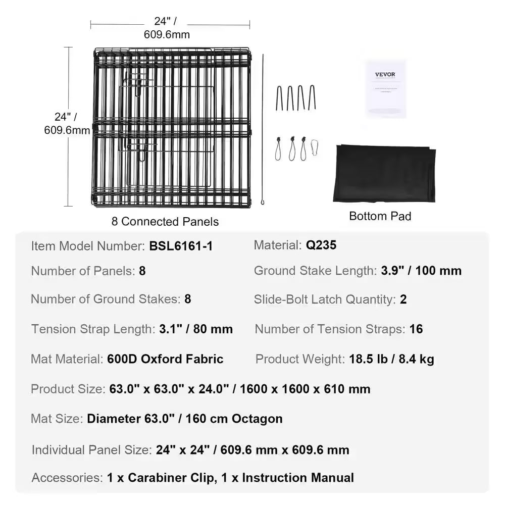 Dog Playpen 8 Panels Foldable Metal Dog Exercise Pen with Bottom Pad 24 In. H Pet Fence Puppy Crate Kennel