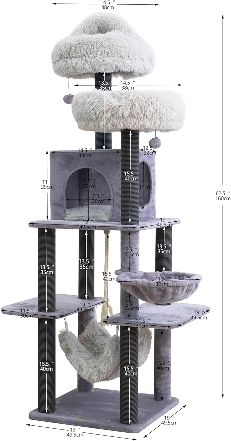 Bradbury 7-Level 62.5” Modern Cat Tree with Replaceable Scratching Posts,Big Condo,Two Washable Beds, Two Hammocks,Quick Assembly, for Multi-Cat Homes(Cloud Gray)