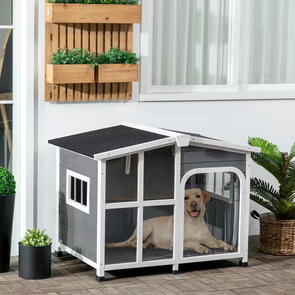 Cabin-Style Wooden Dog House for Large Dogs outside with Openable Roof & Giant Window, Gray