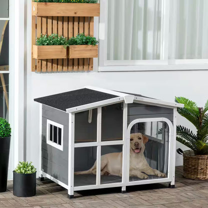 Cabin-Style Wooden Dog House for Large Dogs outside with Openable Roof & Giant Window, Gray