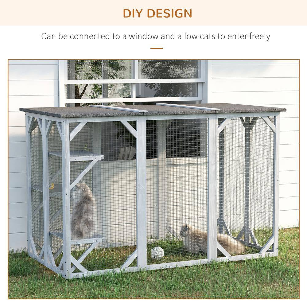 71 In. L Grey Wooden Outdoor Cat House with Asphalt Roof, Multi-Level Platforms, and Large Enter Door