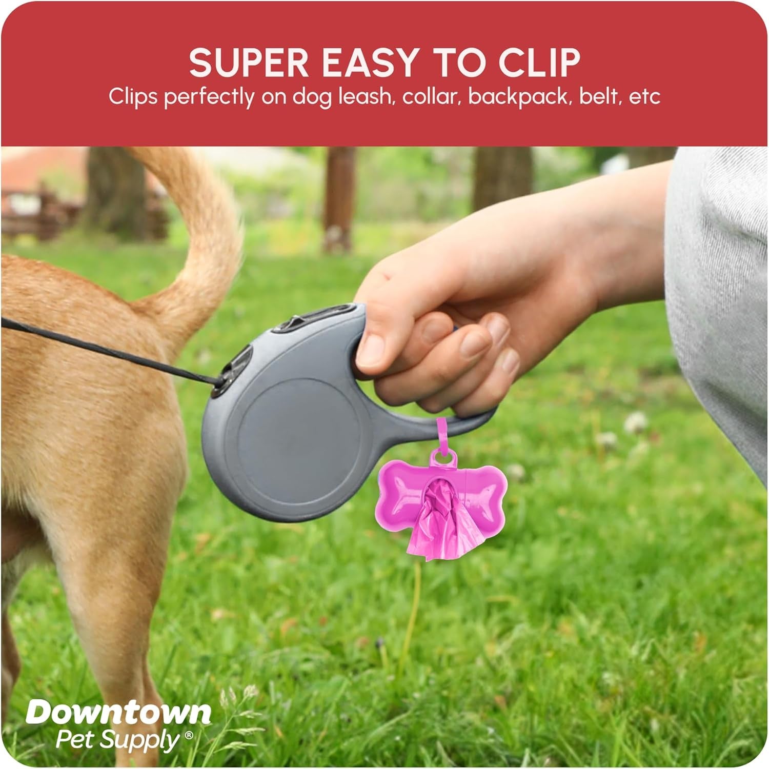 Poop Bags for Dogs with Dispenser, 180 Count - Leak-Proof Dog Waste Bags and Bone-Shaped Dog Poop Bags Holder for Leash - Pink, 12.5" X 8.5"