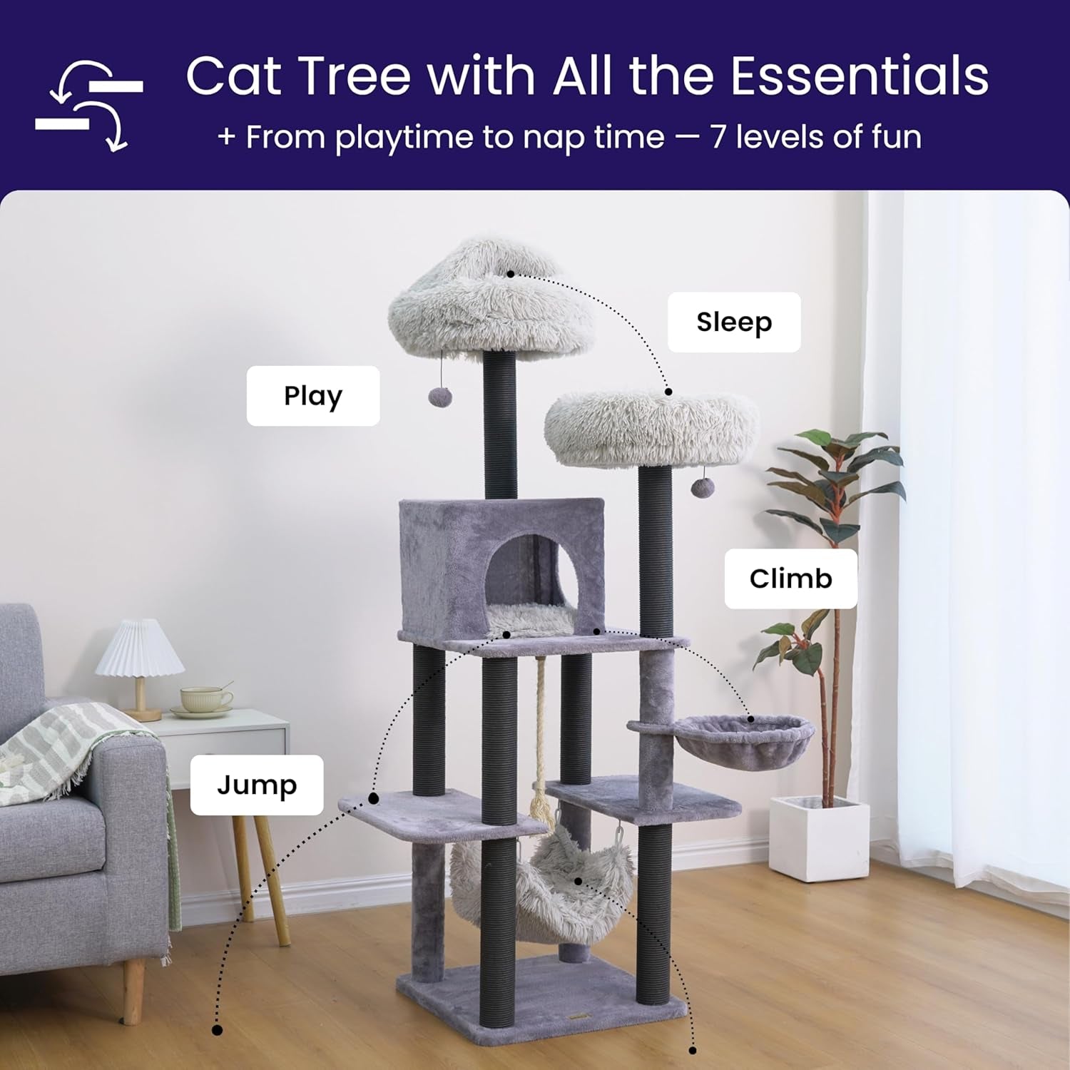 Bradbury 7-Level 62.5” Modern Cat Tree with Replaceable Scratching Posts,Big Condo,Two Washable Beds, Two Hammocks,Quick Assembly, for Multi-Cat Homes(Cloud Gray)