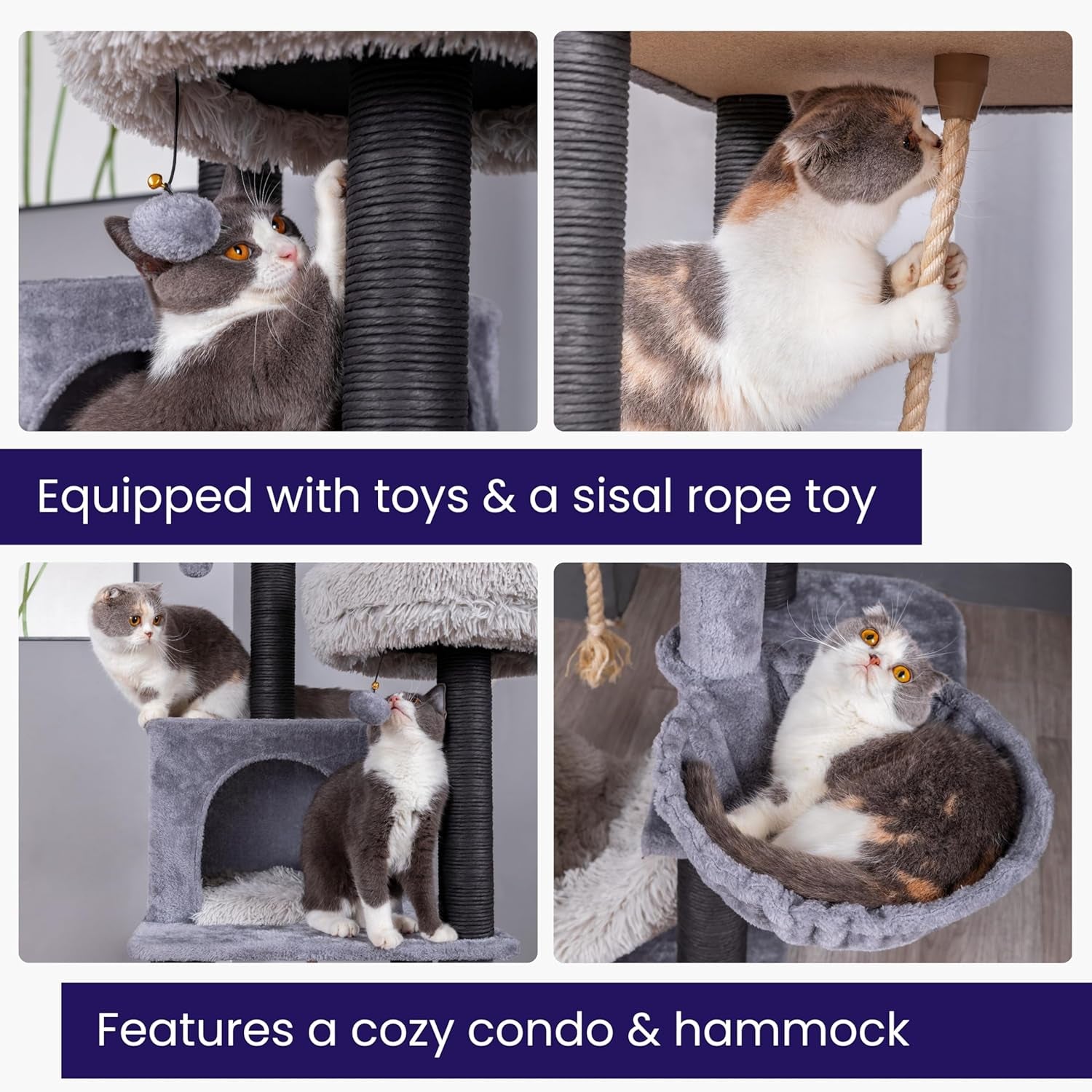Bradbury 7-Level 62.5” Modern Cat Tree with Replaceable Scratching Posts,Big Condo,Two Washable Beds, Two Hammocks,Quick Assembly, for Multi-Cat Homes(Cloud Gray)
