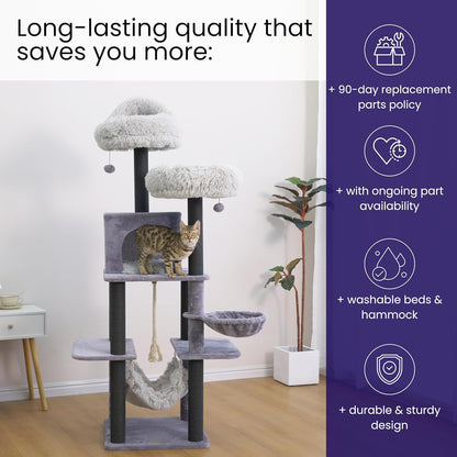Bradbury 7-Level 62.5” Modern Cat Tree with Replaceable Scratching Posts,Big Condo,Two Washable Beds, Two Hammocks,Quick Assembly, for Multi-Cat Homes(Cloud Gray)
