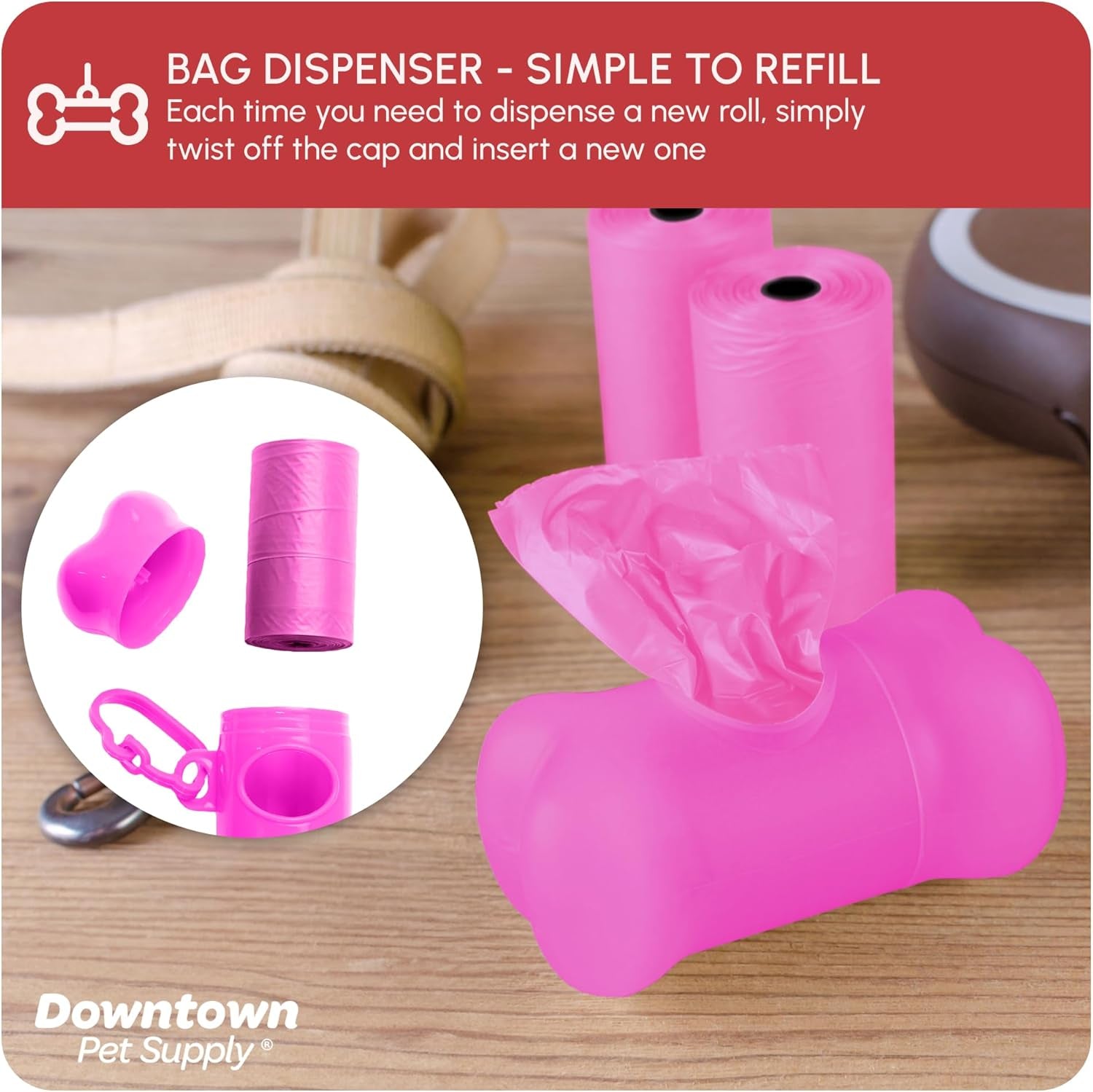 Poop Bags for Dogs with Dispenser, 180 Count - Leak-Proof Dog Waste Bags and Bone-Shaped Dog Poop Bags Holder for Leash - Pink, 12.5" X 8.5"