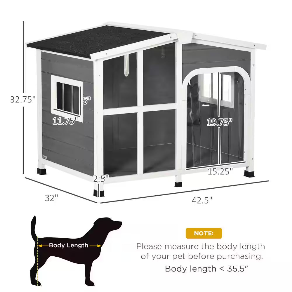 Cabin-Style Wooden Dog House for Large Dogs outside with Openable Roof & Giant Window, Gray