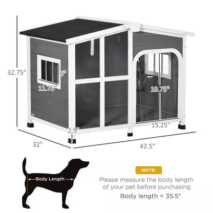 Cabin-Style Wooden Dog House for Large Dogs outside with Openable Roof & Giant Window, Gray