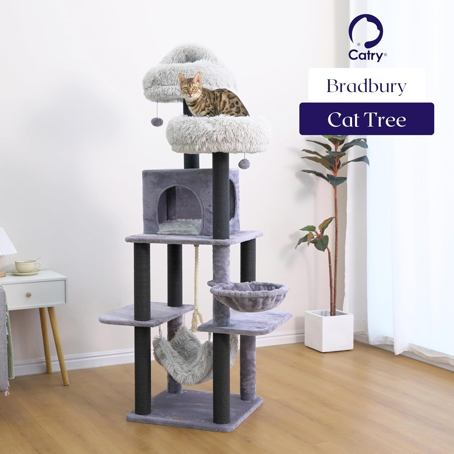 Bradbury 7-Level 62.5” Modern Cat Tree with Replaceable Scratching Posts,Big Condo,Two Washable Beds, Two Hammocks,Quick Assembly, for Multi-Cat Homes(Cloud Gray)