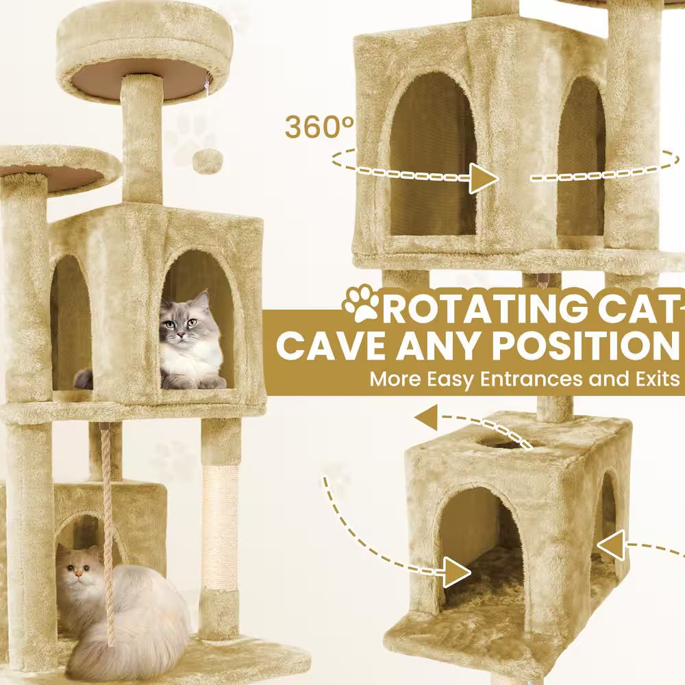Beige Modern Cat Tree Pet Tower with Scraching Ramp, Hanging Ball