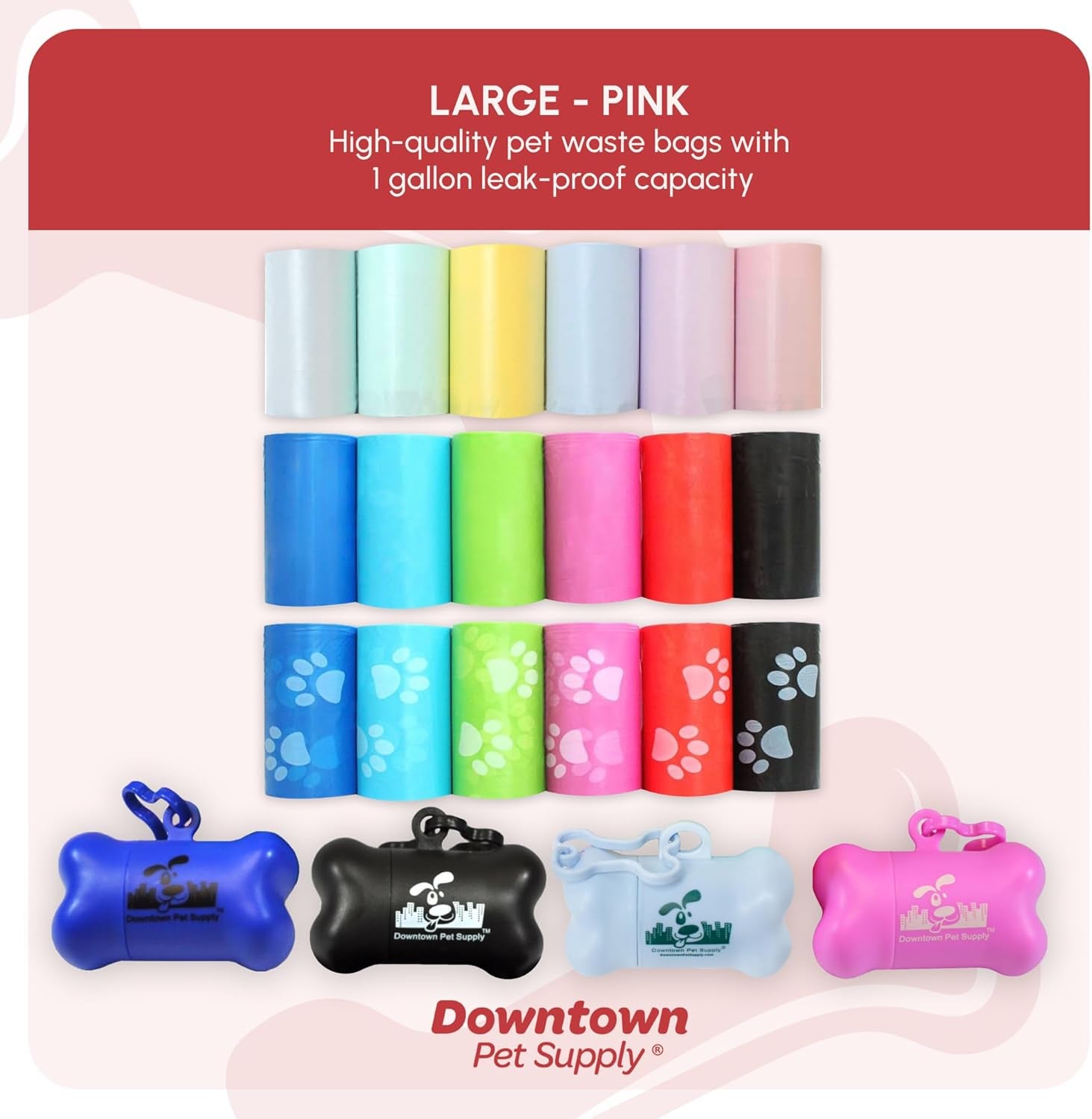 Poop Bags for Dogs with Dispenser, 180 Count - Leak-Proof Dog Waste Bags and Bone-Shaped Dog Poop Bags Holder for Leash - Pink, 12.5" X 8.5"