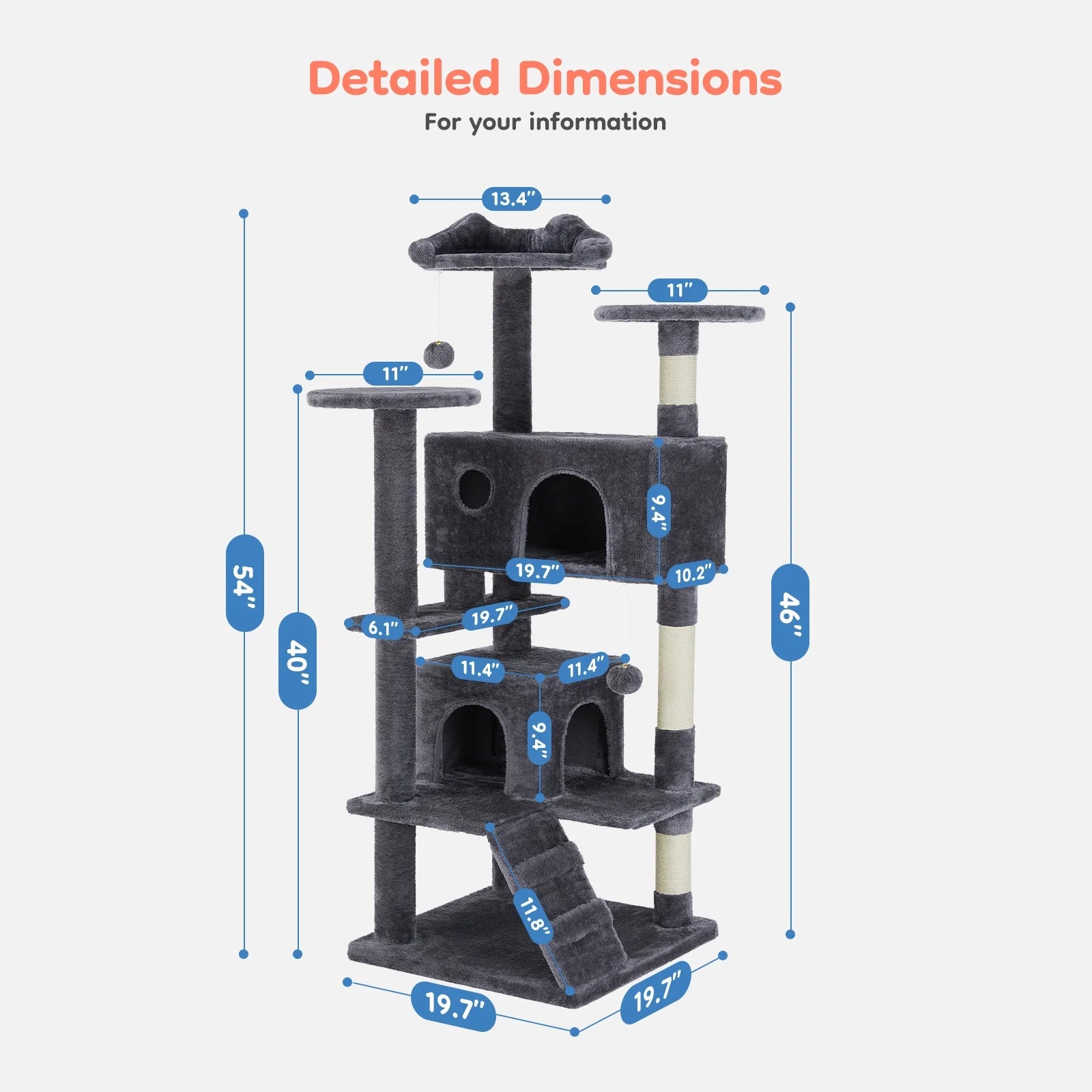 54-Inch Cat Tower with Large Condo, Climbing Ladder, and More Cat Stuff, Grey