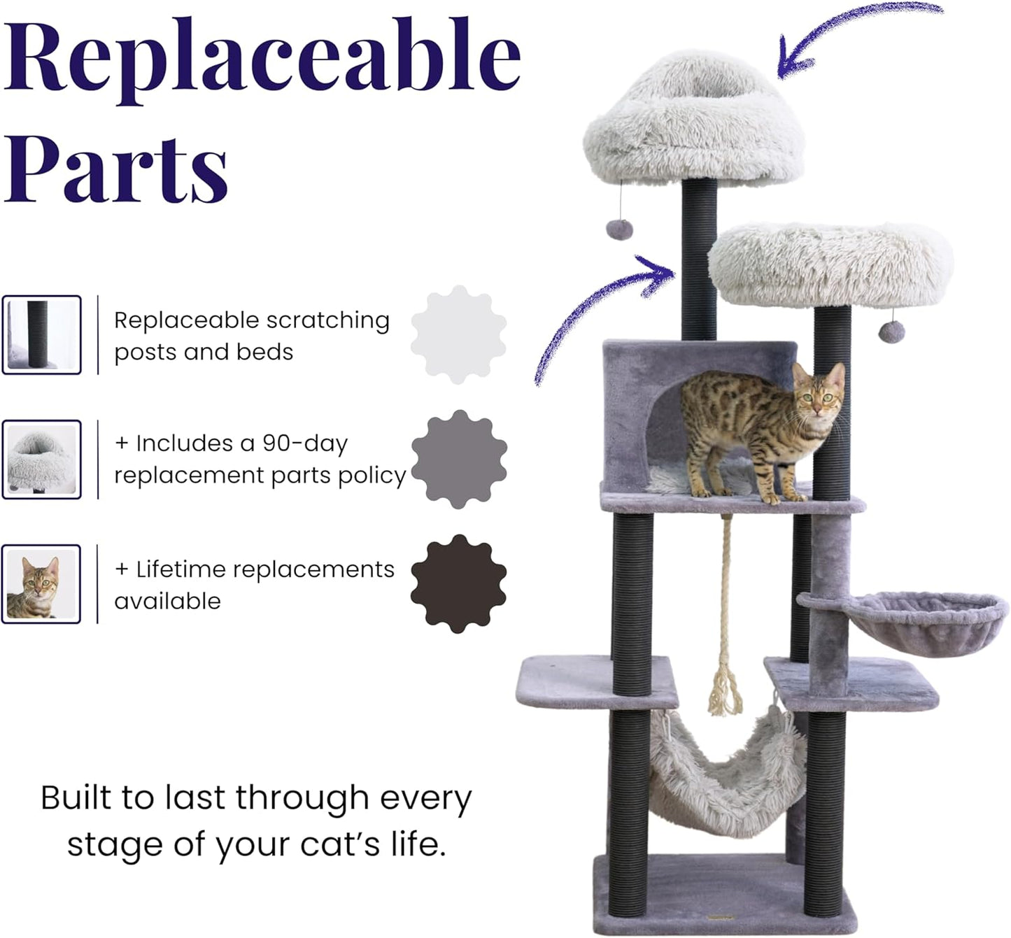 Bradbury 7-Level 62.5” Modern Cat Tree with Replaceable Scratching Posts,Big Condo,Two Washable Beds, Two Hammocks,Quick Assembly, for Multi-Cat Homes(Cloud Gray)