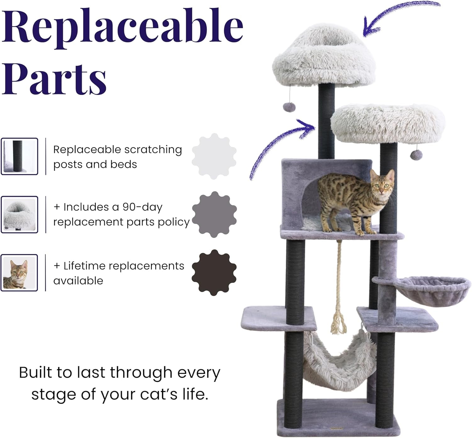 Bradbury 7-Level 62.5” Modern Cat Tree with Replaceable Scratching Posts,Big Condo,Two Washable Beds, Two Hammocks,Quick Assembly, for Multi-Cat Homes(Cloud Gray)