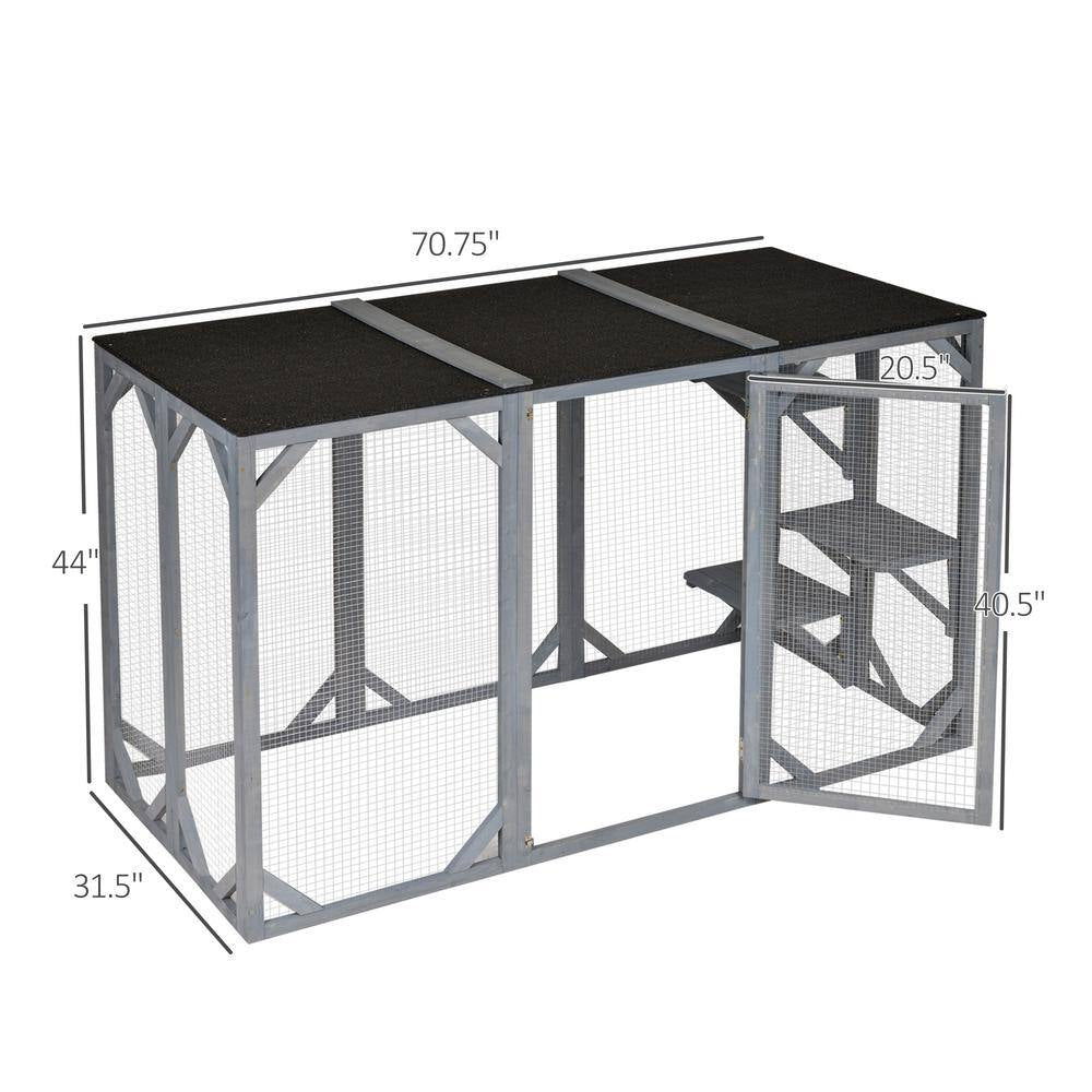 71 In. L Grey Wooden Outdoor Cat House with Asphalt Roof, Multi-Level Platforms, and Large Enter Door