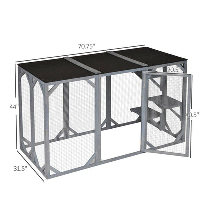 71 In. L Grey Wooden Outdoor Cat House with Asphalt Roof, Multi-Level Platforms, and Large Enter Door