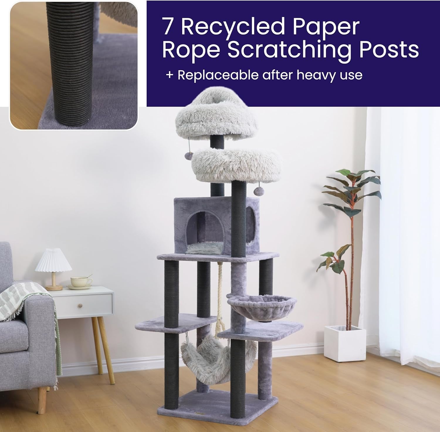 Bradbury 7-Level 62.5” Modern Cat Tree with Replaceable Scratching Posts,Big Condo,Two Washable Beds, Two Hammocks,Quick Assembly, for Multi-Cat Homes(Cloud Gray)