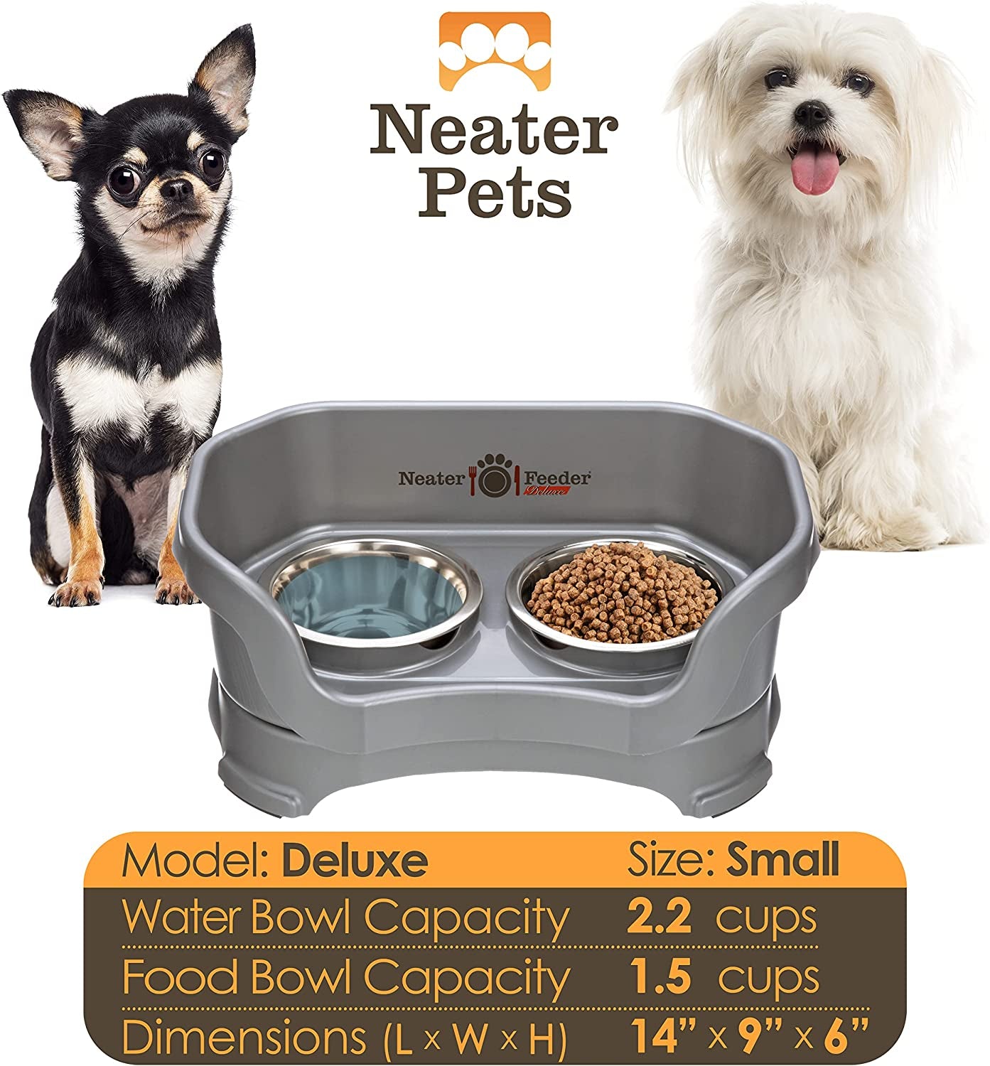 Neater Feeder Deluxe Mess Proof Dog Bowls Elevated for Small Dogs under 19 Lbs, Made in USA, No Spill Raised Dog Food Bowl Stand Feeding Station, Food and Water Bowl Set, Grey