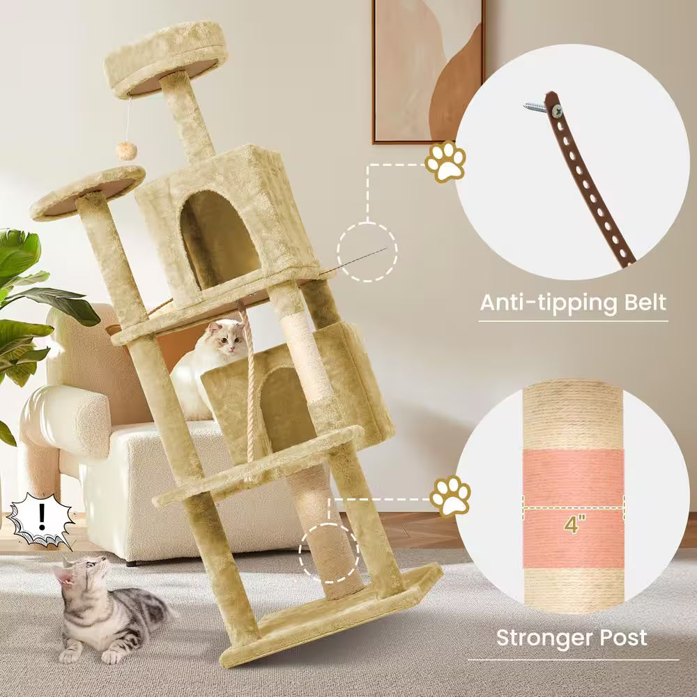 Beige Modern Cat Tree Pet Tower with Scraching Ramp, Hanging Ball