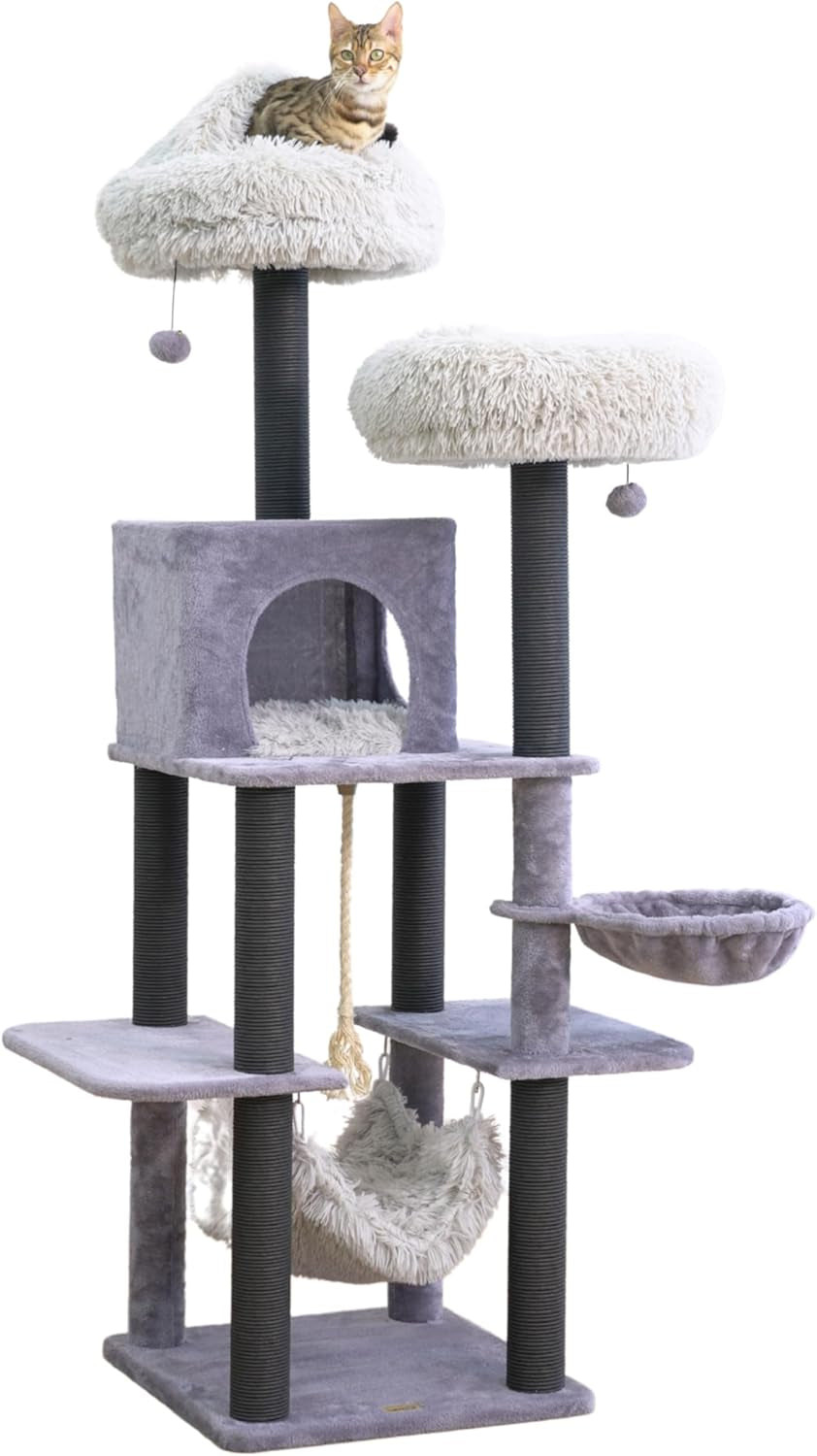 Bradbury 7-Level 62.5” Modern Cat Tree with Replaceable Scratching Posts,Big Condo,Two Washable Beds, Two Hammocks,Quick Assembly, for Multi-Cat Homes(Cloud Gray)