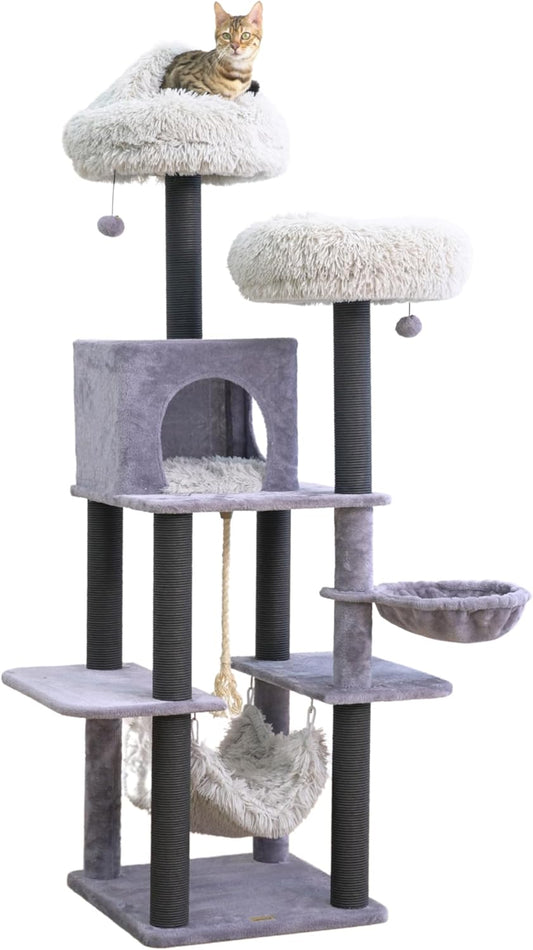 Bradbury 7-Level 62.5” Modern Cat Tree with Replaceable Scratching Posts,Big Condo,Two Washable Beds, Two Hammocks,Quick Assembly, for Multi-Cat Homes(Cloud Gray)