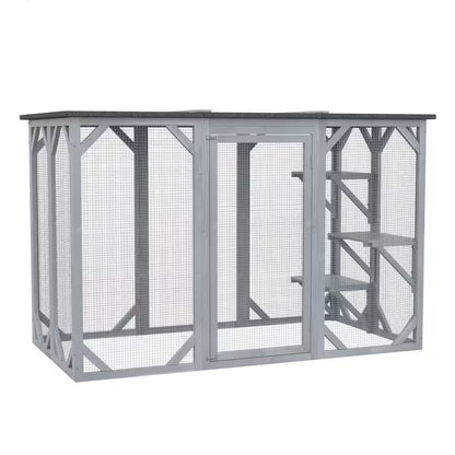 71 In. L Grey Wooden Outdoor Cat House with Asphalt Roof, Multi-Level Platforms, and Large Enter Door