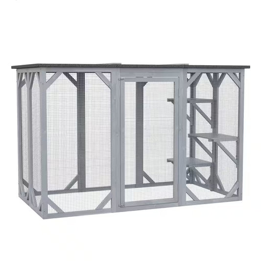 71 In. L Grey Wooden Outdoor Cat House with Asphalt Roof, Multi-Level Platforms, and Large Enter Door