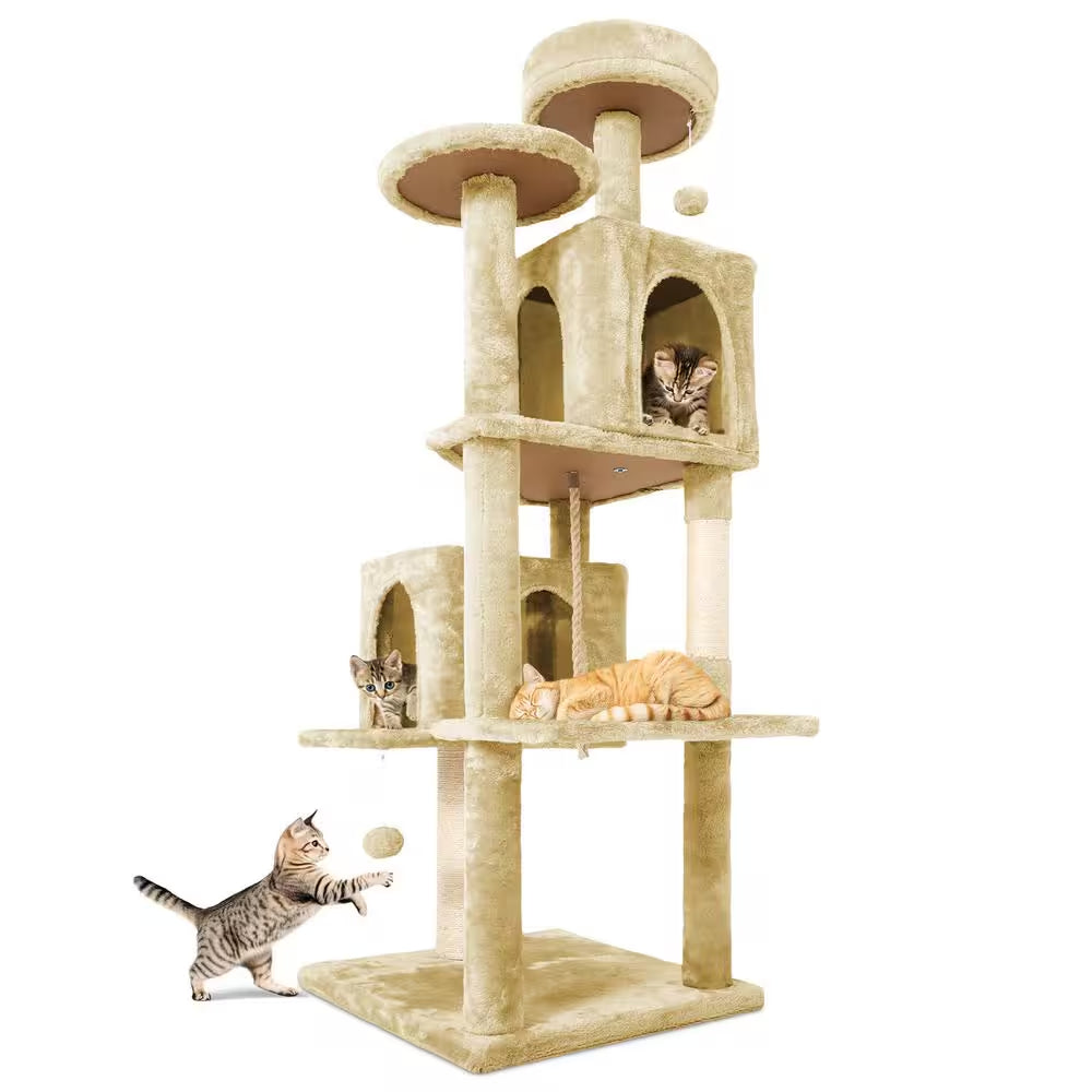 Beige Modern Cat Tree Pet Tower with Scraching Ramp, Hanging Ball