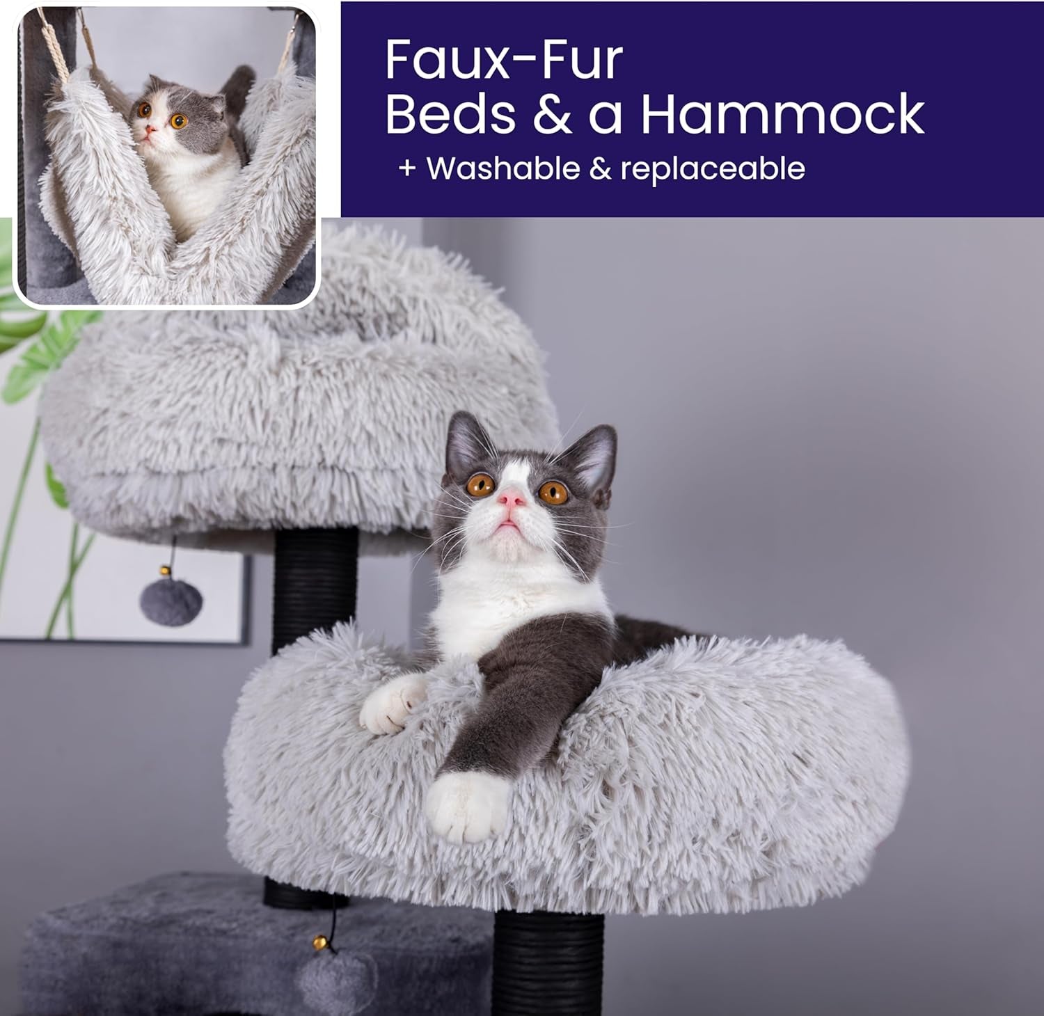 Bradbury 7-Level 62.5” Modern Cat Tree with Replaceable Scratching Posts,Big Condo,Two Washable Beds, Two Hammocks,Quick Assembly, for Multi-Cat Homes(Cloud Gray)