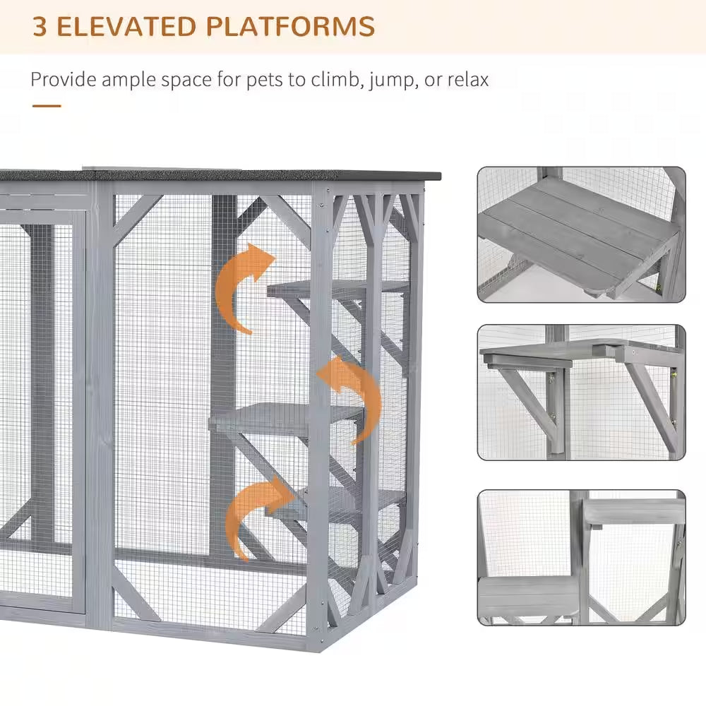 71 In. L Grey Wooden Outdoor Cat House with Asphalt Roof, Multi-Level Platforms, and Large Enter Door