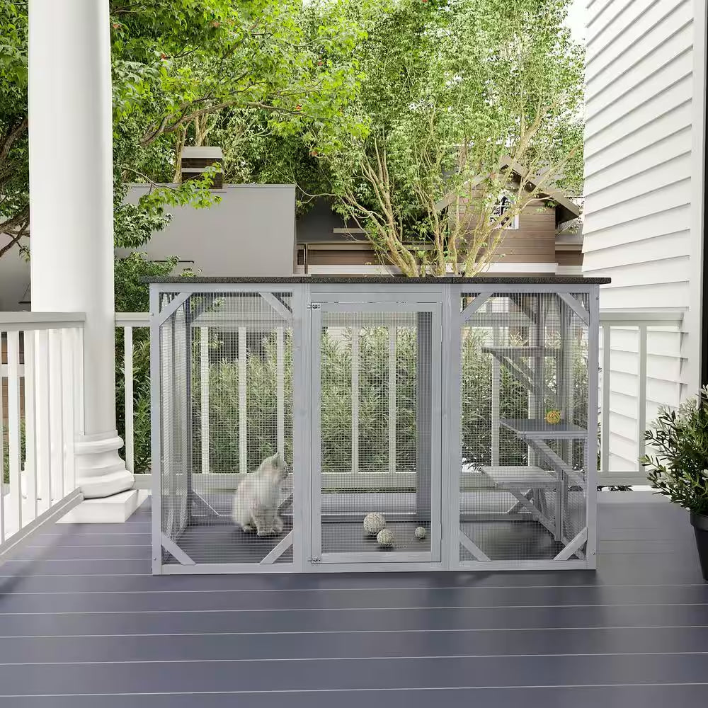 71 In. L Grey Wooden Outdoor Cat House with Asphalt Roof, Multi-Level Platforms, and Large Enter Door