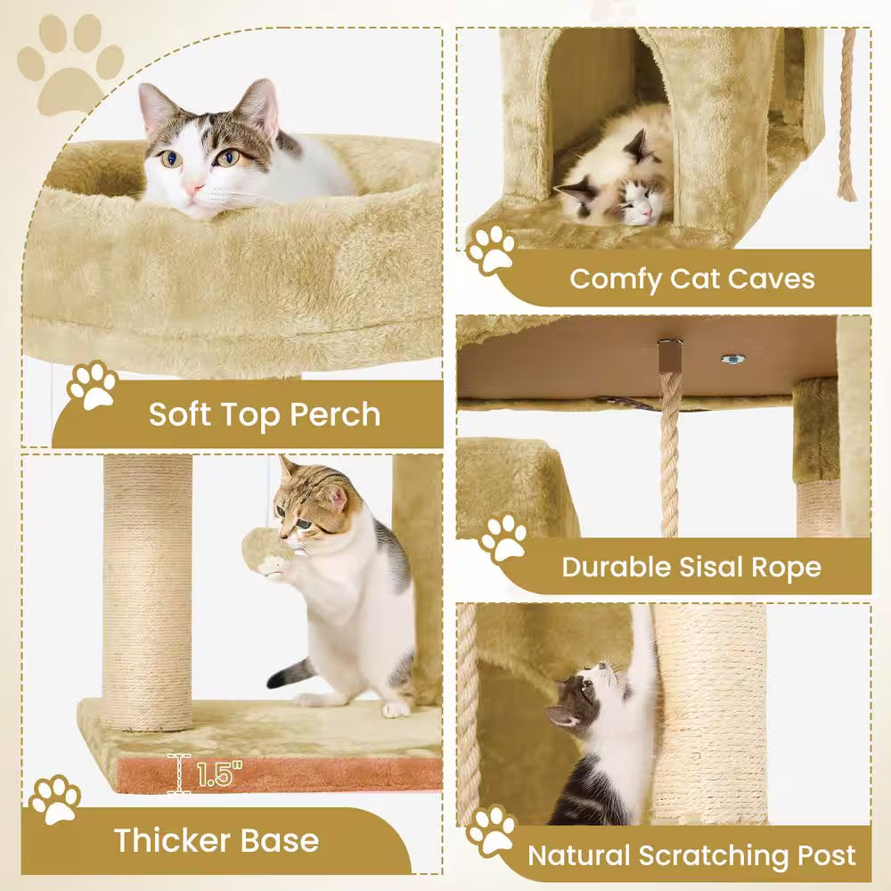 Beige Modern Cat Tree Pet Tower with Scraching Ramp, Hanging Ball